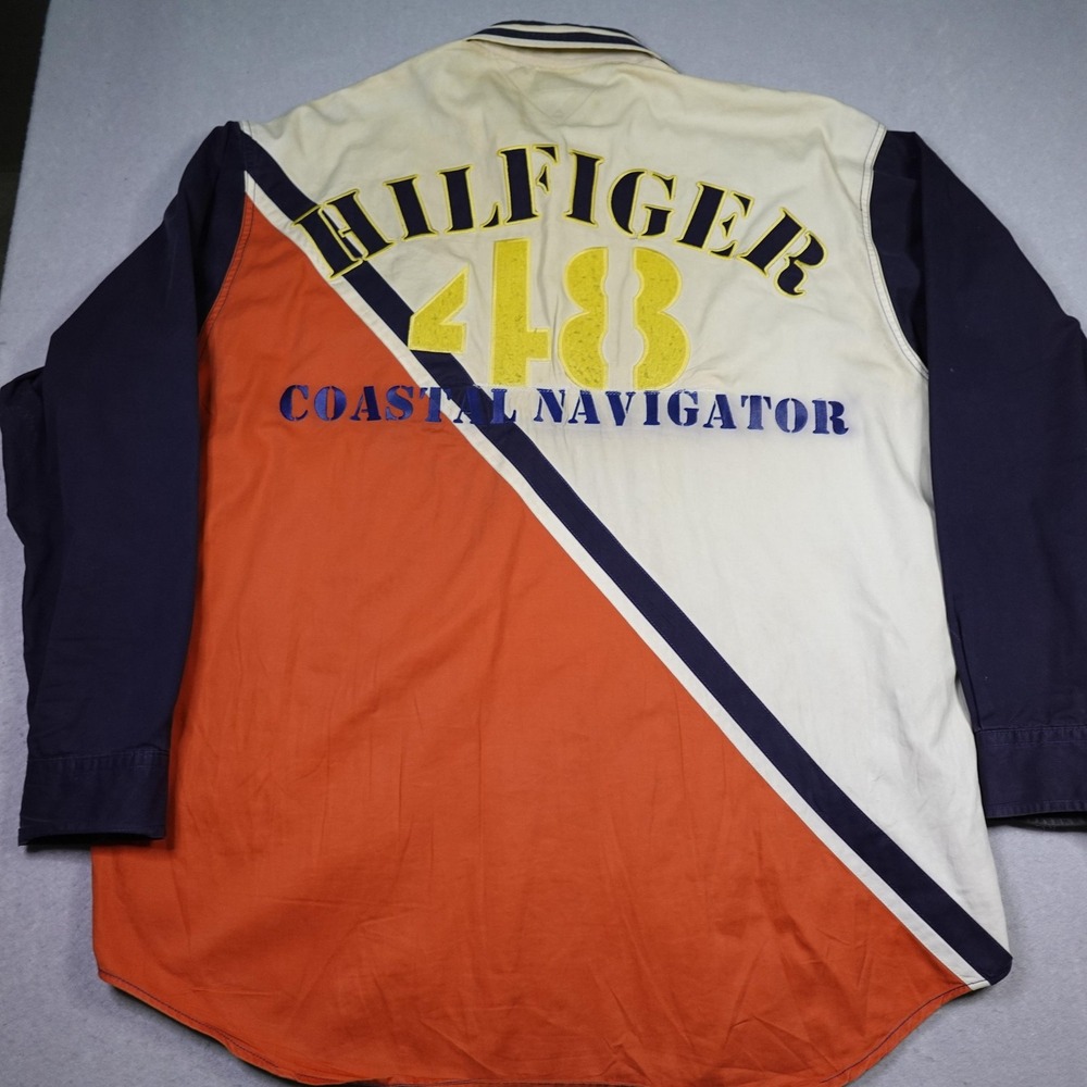 Vintage Tommy Hilfiger Shirt Mens Large Navy Coastal Navigator 48 Nautical 90s